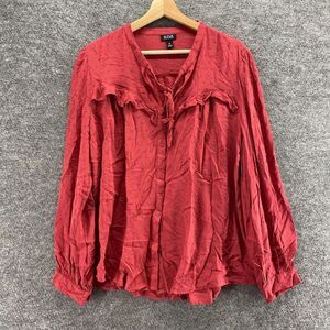 A New Approach Shirt Women XL Red Button Up V-Neck Long Sleeve Rayon Embroidered